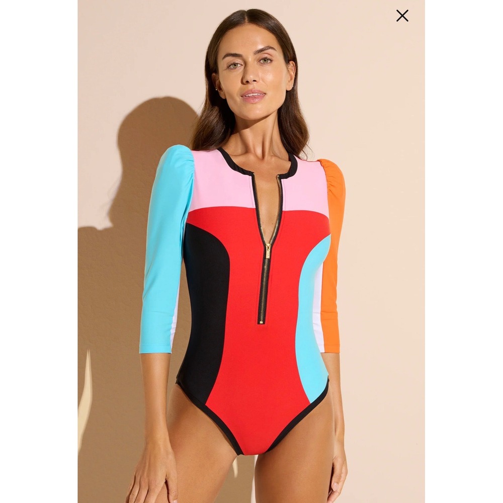 Stylest | DreamSculpt Multi PuffSleeve Zip Swimsuit L Multicolor Colorblock $328 - Picture 2 of 9